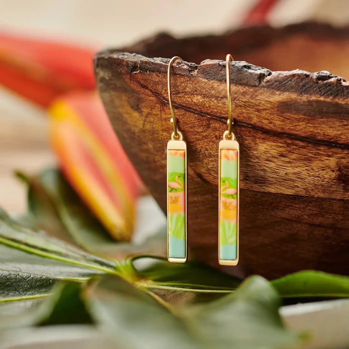 Palm Beach Reversible Mini Bar Earrings gold framed rectangular turquoise patterned bars on gold hooks