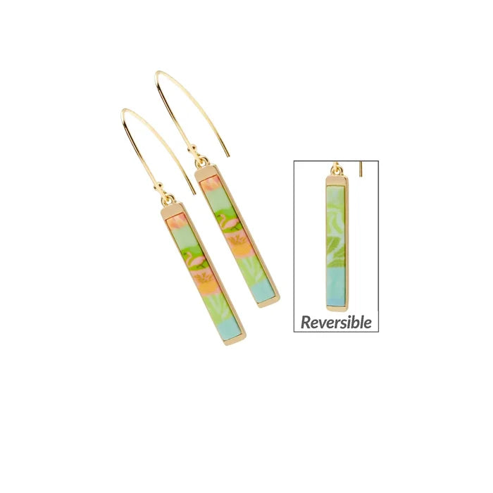 Gold rectangular bar earrings with pastel tropical enamel panels, reversible design