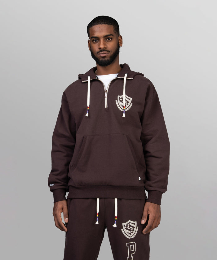 Paper plane -Collegiate Spectrum Half Zip Drop Shoulder Hoodie - Coffee - Clique Apparel