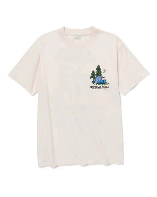 Front view of cream Park Lovers Tee with a small campsite graphic on the left chest.
