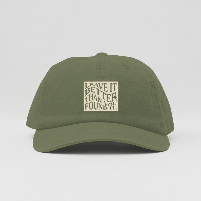 Olive green Parks Project baseball cap with a square patch reading Leave It Better Than You Found It