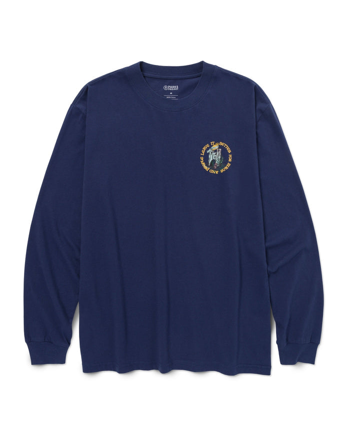 Navy Parks Project x Audubon long sleeve tee with small circular chest graphic of a bird and nature scene.