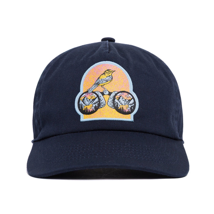 Front view of a navy Parks Project x Audubon hat with a colorful patch on the front panel featuring a bird and circular emblems.