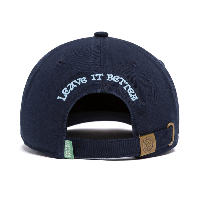 Back view of the navy Parks Project x Audubon hat showing an adjustable strap and back embroidery.
