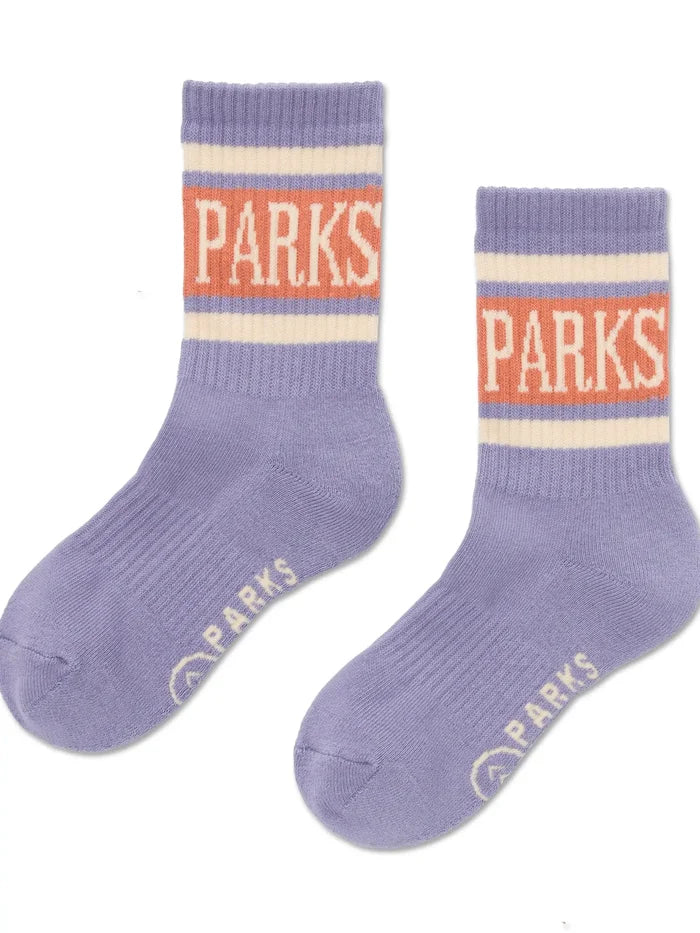 Lavender Parks Trail Crew socks shown as a two pack with striped cuffs and bold PARKS lettering