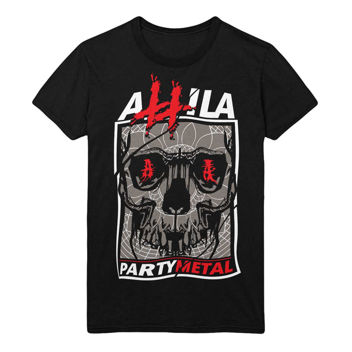 Attila black t-shirt featuring a skull in sunglasses with red marks and Asian characters on the lenses. ATTILA appears above and PARTY METAL below the graphic in bold white and red letters.