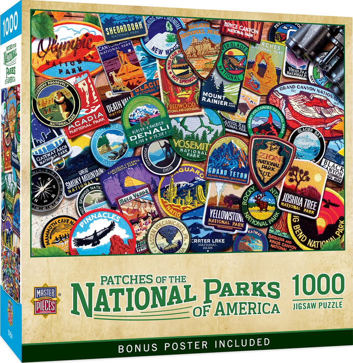 Patches of the National Parks 1000 piece puzzle box art with a colorful collage of park patches