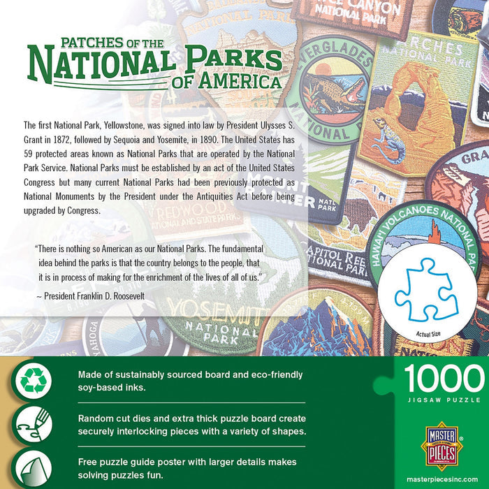 Front of the Patches of the National Parks of America 1000 piece puzzle box with a collage of park patches.