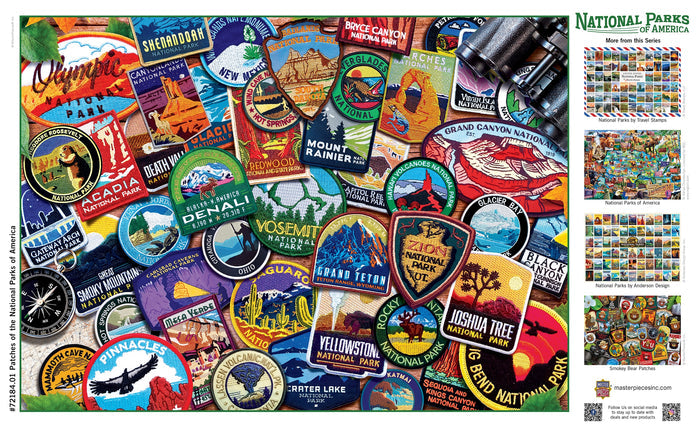 Close up of the patch collage on the Patches of the National Parks 1000 piece puzzle box with side previews.