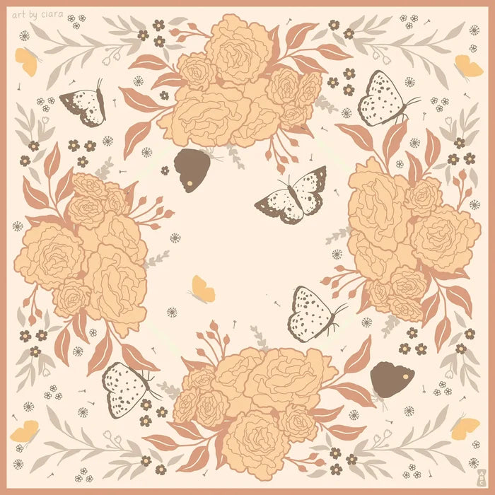 Peach Butterfly and Flowers Bandana in soft peach tones with large roses and butterflies.
