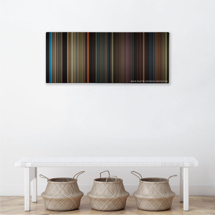 Percy Jackson & the Olympians: The Lightning Thief color palette canvas above a white bench with three woven baskets