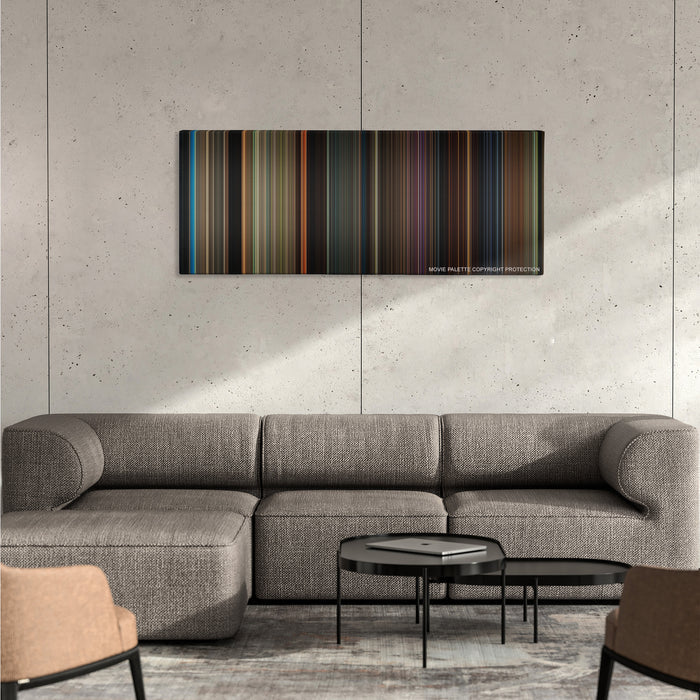 Percy Jackson & the Olympians: The Lightning Thief color palette canvas on a concrete wall above a gray sectional sofa