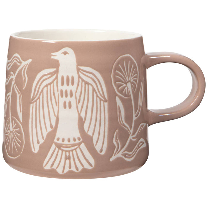 Peregrine imprint mug in dusty pink with a white embossed bird and botanical motif