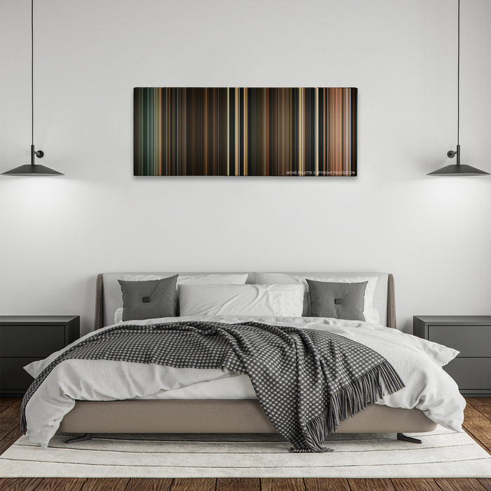 Perfume: The Story of a Murderer color palette canvas above a bed, between two black pendant lamps