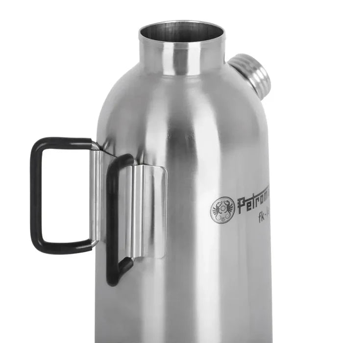 Petromax stainless steel fire kettle in 1500ml size shown from behind highlighting the silicone wrapped handles