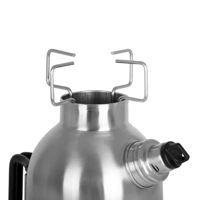 Petromax stainless steel fire kettle in 1500ml size showing the chimney pan supports