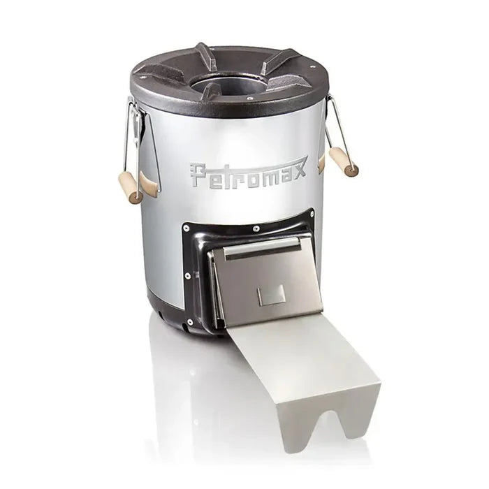 Petromax Rocket stove RF33 showing the extended fuel feeder