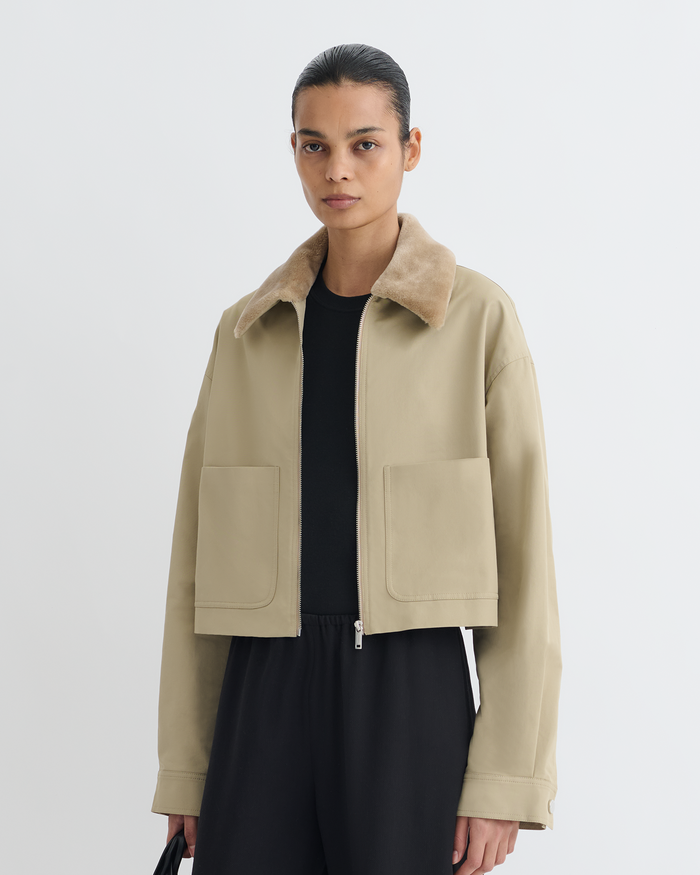 Phebe - Cropped Tech Twill and Faux Fur Jacket - Pebble/Beige