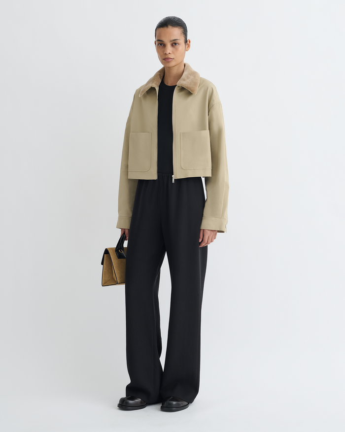 Phebe - Cropped Tech Twill and Faux Fur Jacket - Pebble/Beige