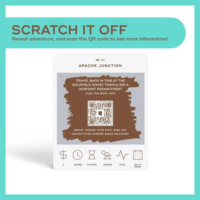Scratch It Off promo with Apache Junction card and QR code on turquoise banner background