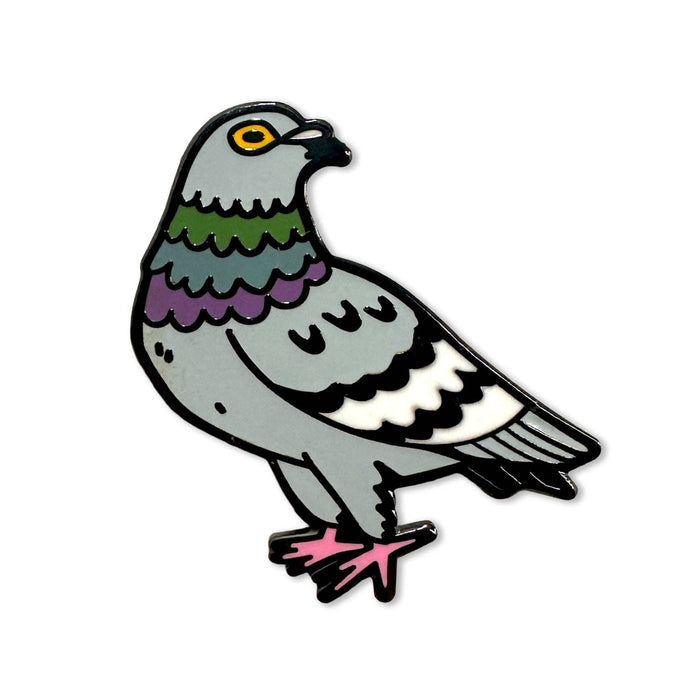 Pigeon enamel pin close up showing a stylized gray bird with multicolored layered feathers and pink feet.