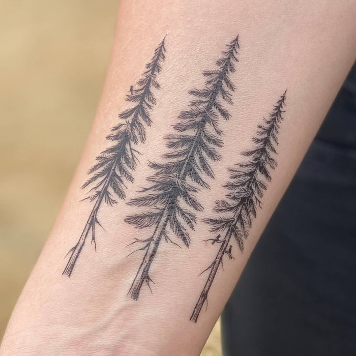 Tall pine trees temporary tattoo in black ink along the leg