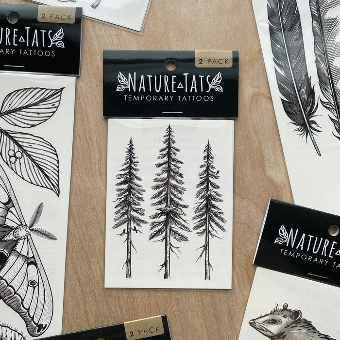 Nature Tats pine trees temporary tattoo sheet in a 2 pack package