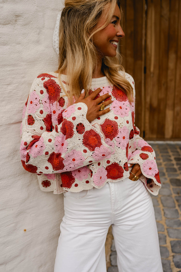 Pink and red floral crochet Tanja blouse, front view