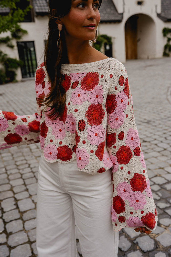 Crochet Tanja blouse granny-square floral pattern detail