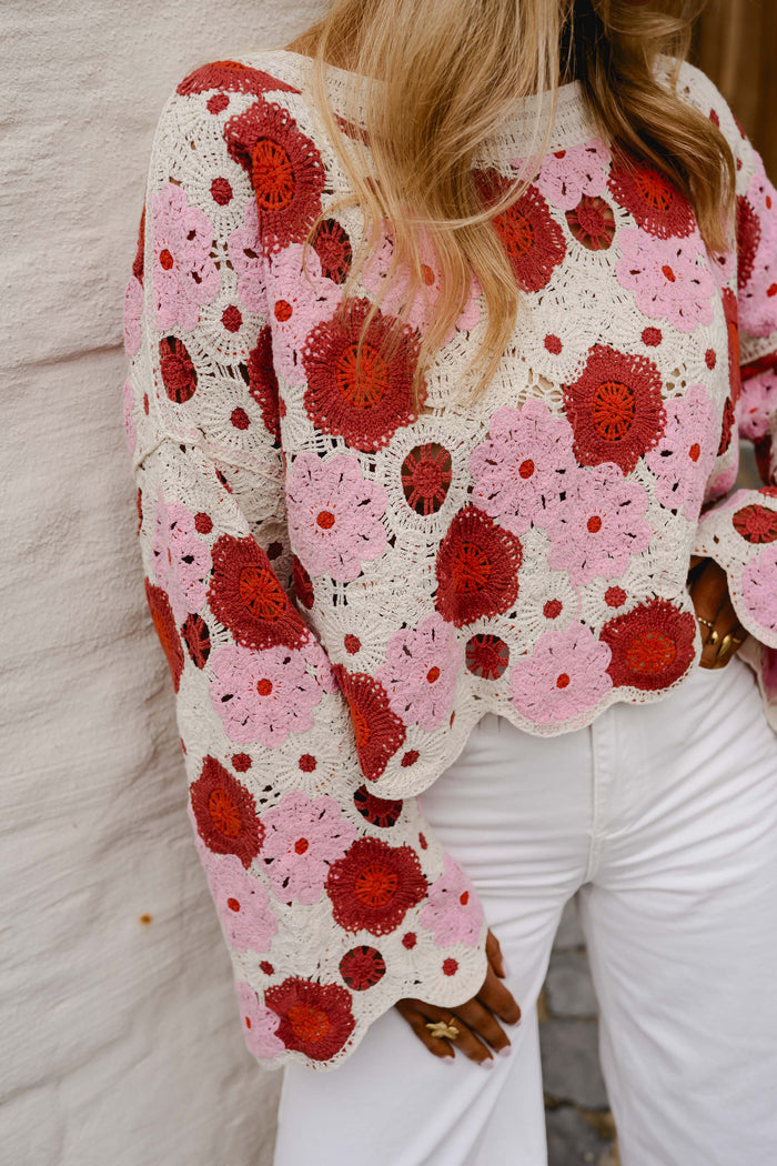 Pink red crochet blouse, three quarter view