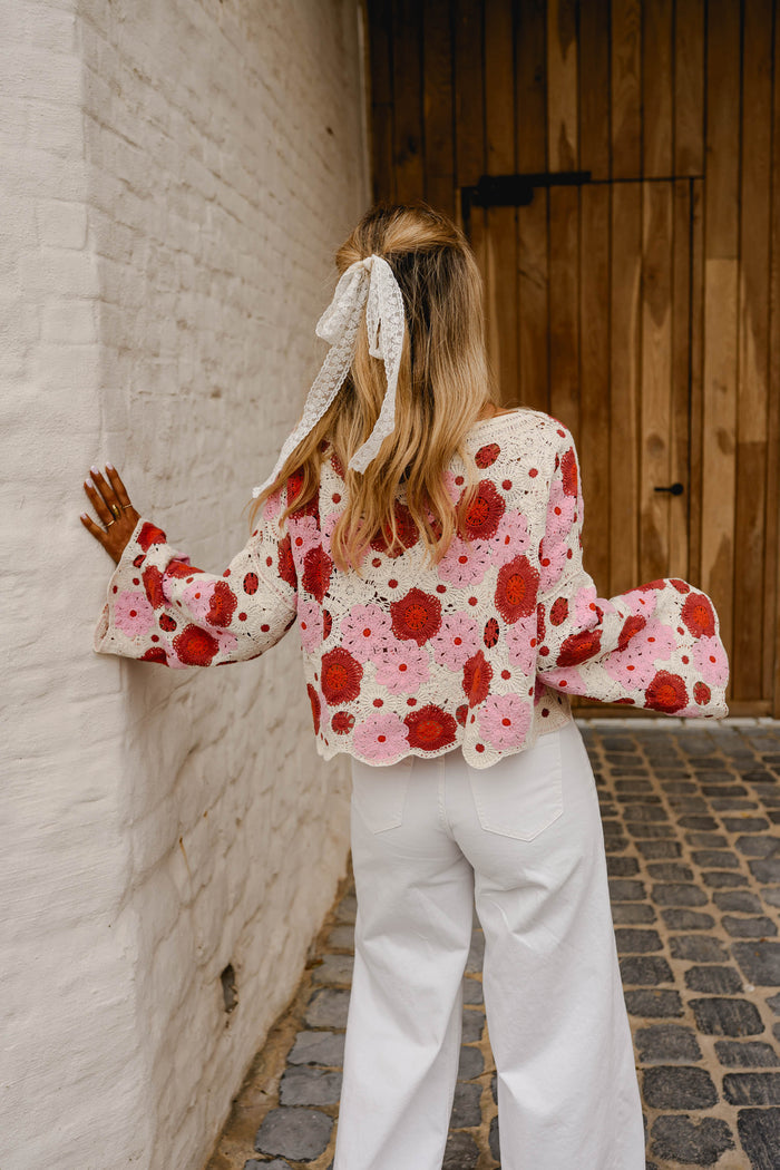 Pink and red crochet blouse back view