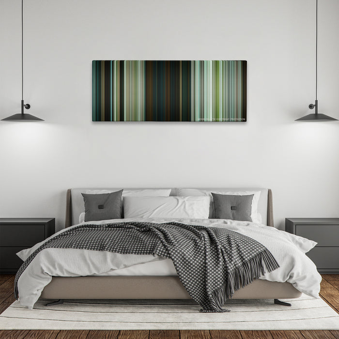 Pirates of the Caribbean: Dead Man's Chest color palette canvas above a bed, between two black pendant lamps