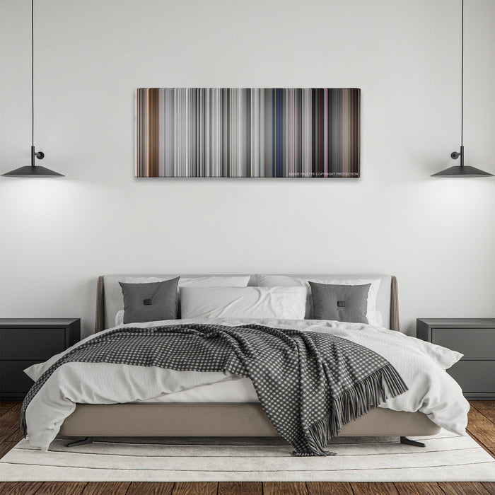 Pleasantville color palette canvas above a bed, between two black pendant lamps