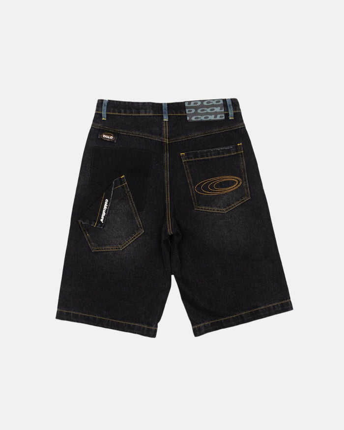 POCKET KO SHORTS BLACK DENIM - washed black denim shorts, back view - Cold Culture
