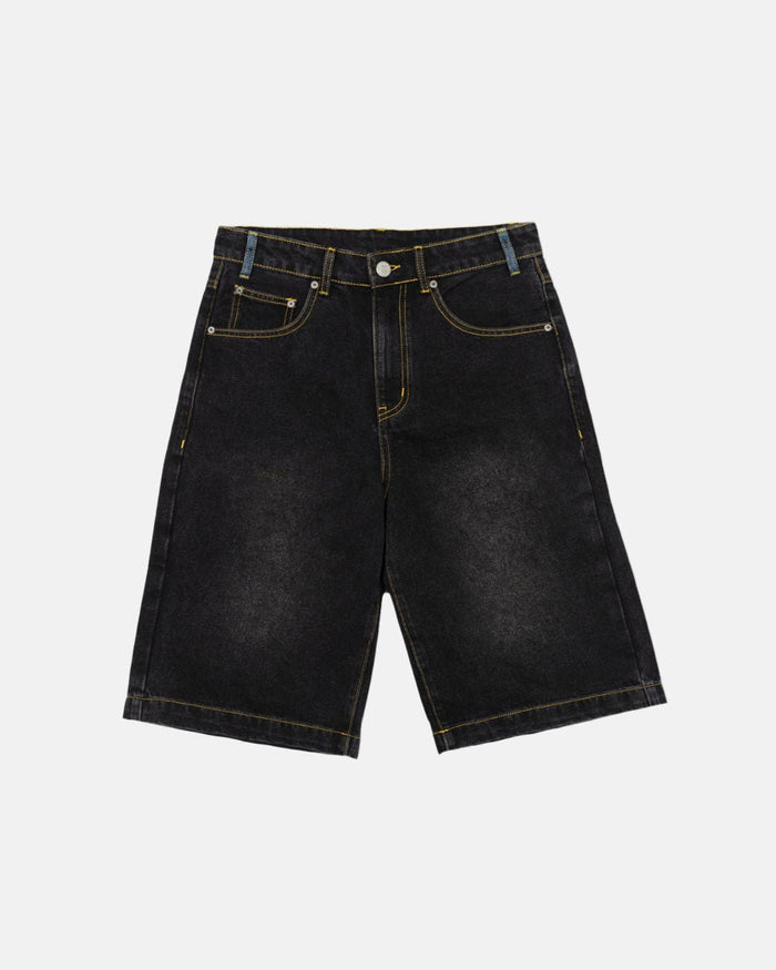 POCKET KO SHORTS BLACK DENIM - washed black denim shorts, front view - Cold Culture