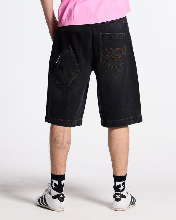 POCKET KO SHORTS BLACK DENIM - washed black denim shorts, back view on male model - Cold Culture #man