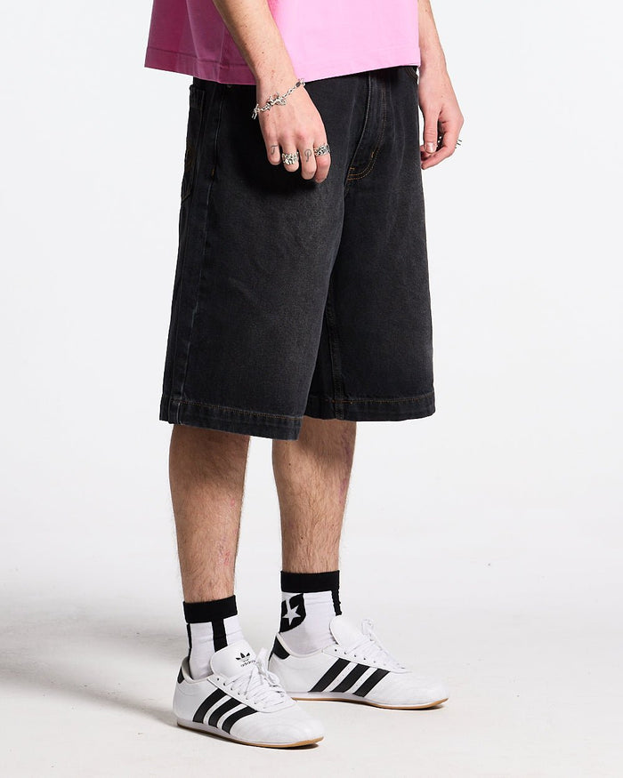 POCKET KO SHORTS BLACK DENIM - washed black denim shorts, side view - Cold Culture #man