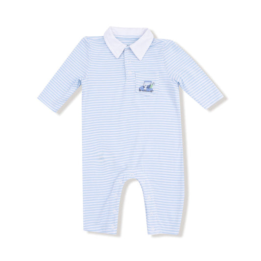 Polo Romper - Baby Golf Carts Blue Stripe - Wee Bee Baby Boutique