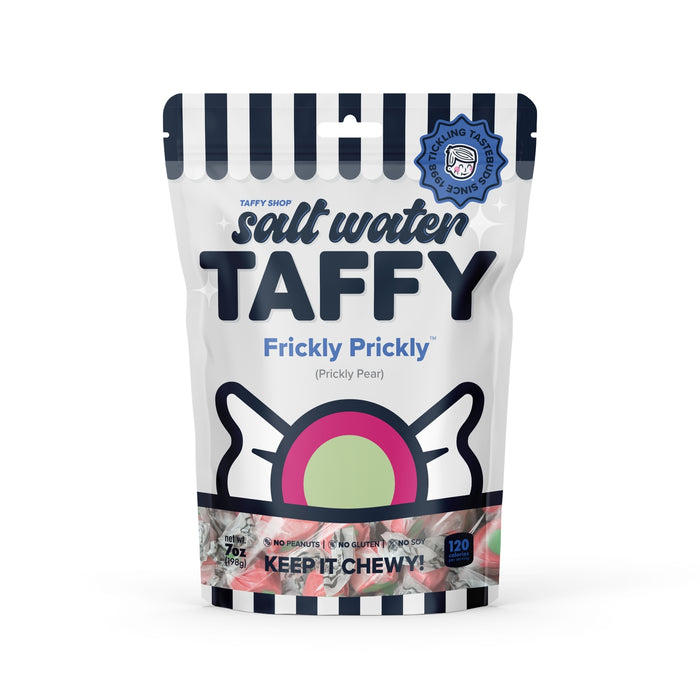 7 oz prickly pear salt water taffy bag with bold striped packaging and candy imagery