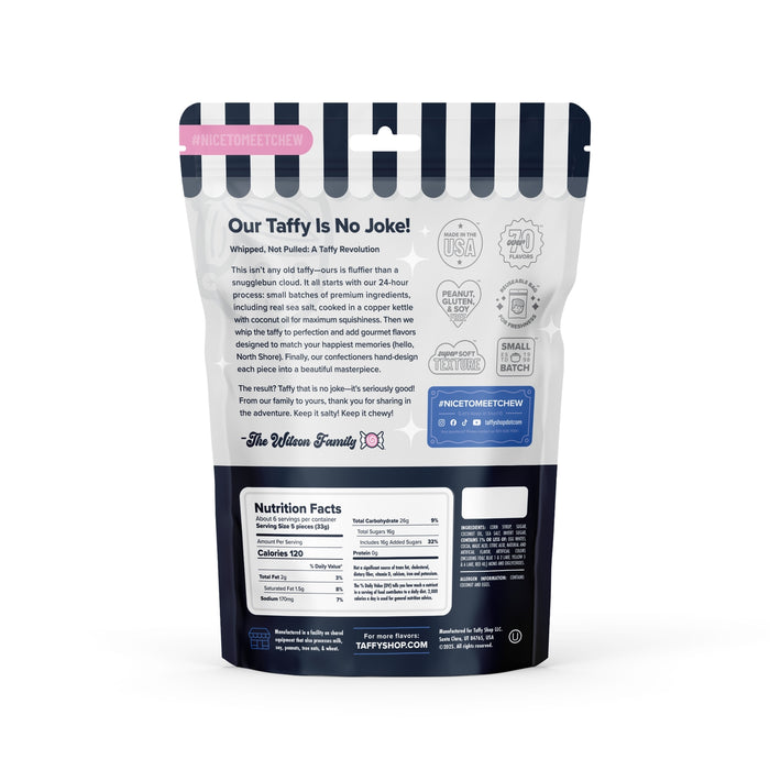 Back of Prickly Pear Salt Water Taffy 7 oz bag with Our Taffy Is No Joke message and branding icons.