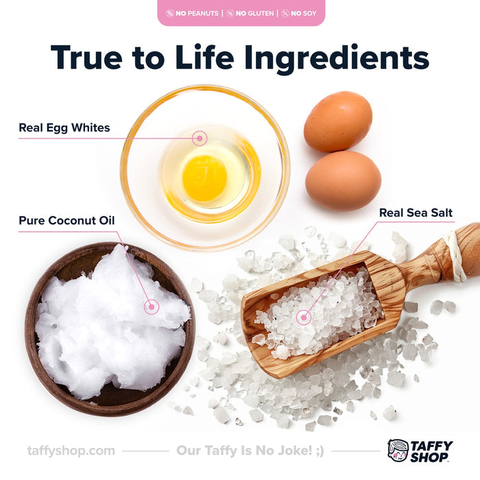Front style packaging panel showing True to Life Ingredients with icons for real eggs coconut oil and sea salt.