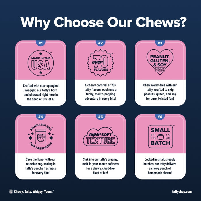 Why Choose Our Chews infographic with six pink panels highlighting taffy benefits.