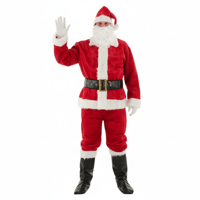 Red Santa Claus costume with black boots and white beard on a white background