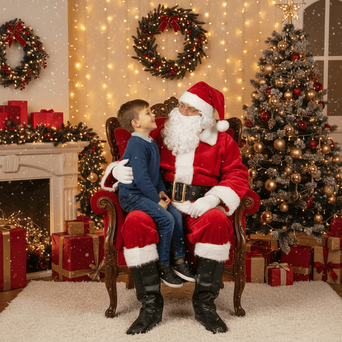 Santa Claus sitting with a child in a festive room decorated for Christmas.