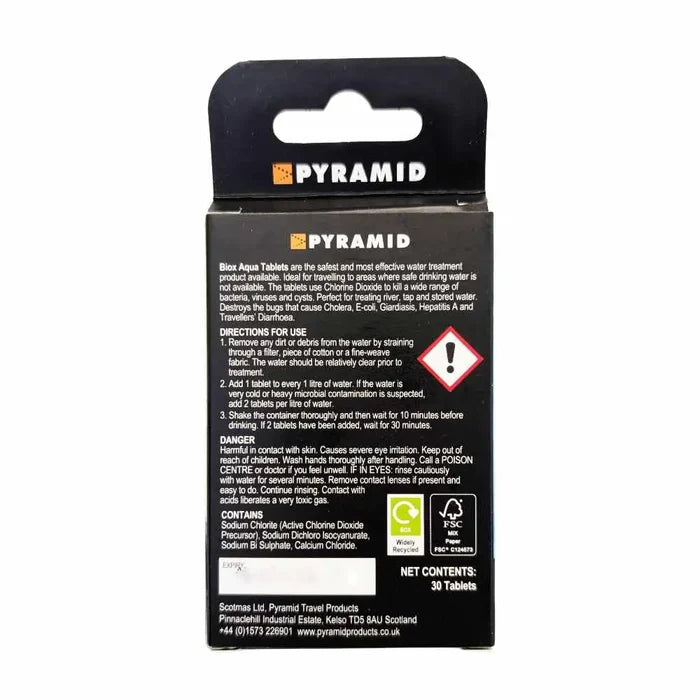 Pyramid Biox Aqua Chlorine Dioxide Water Purification Tablets packaging reverse details on a white background