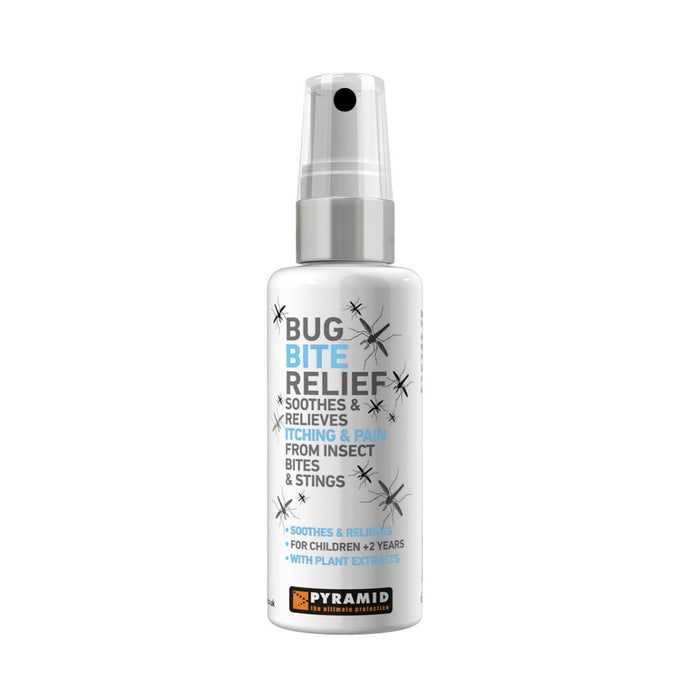 Front of Pyramid insect bite and sting relief 60ml spray bottle. Insect Bite Treatment