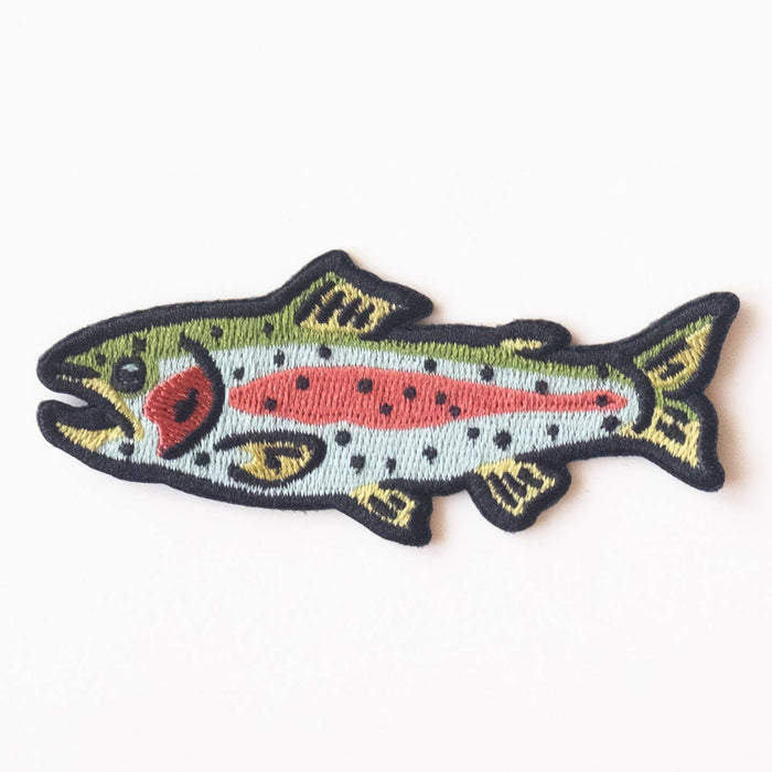 Colorful rainbow trout patch with green back red stripe and black spots outlined in a dark border