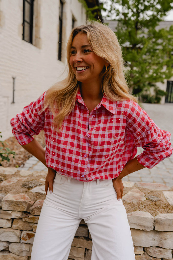Red and Pink Plaid Dicki Shirt, checkered button-up with classic collar, front view