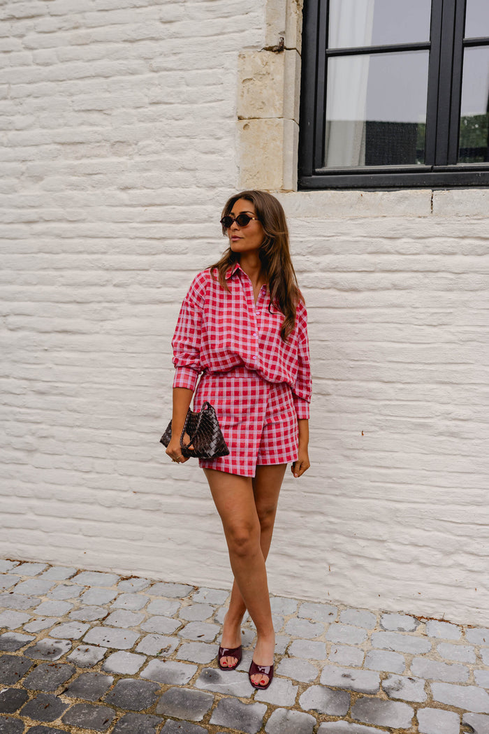 Red and Pink Plaid Dicki Shirt slightly loose fit, side view