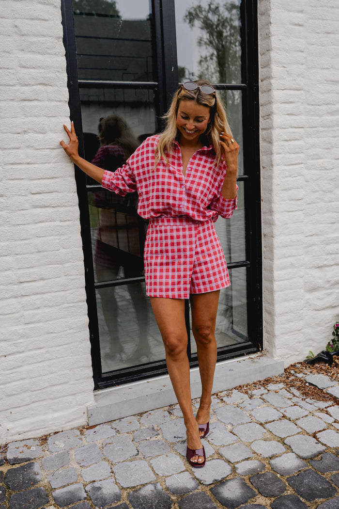 Red and Pink Plaid Dicki Shirt styled with White Dadou Jeans
